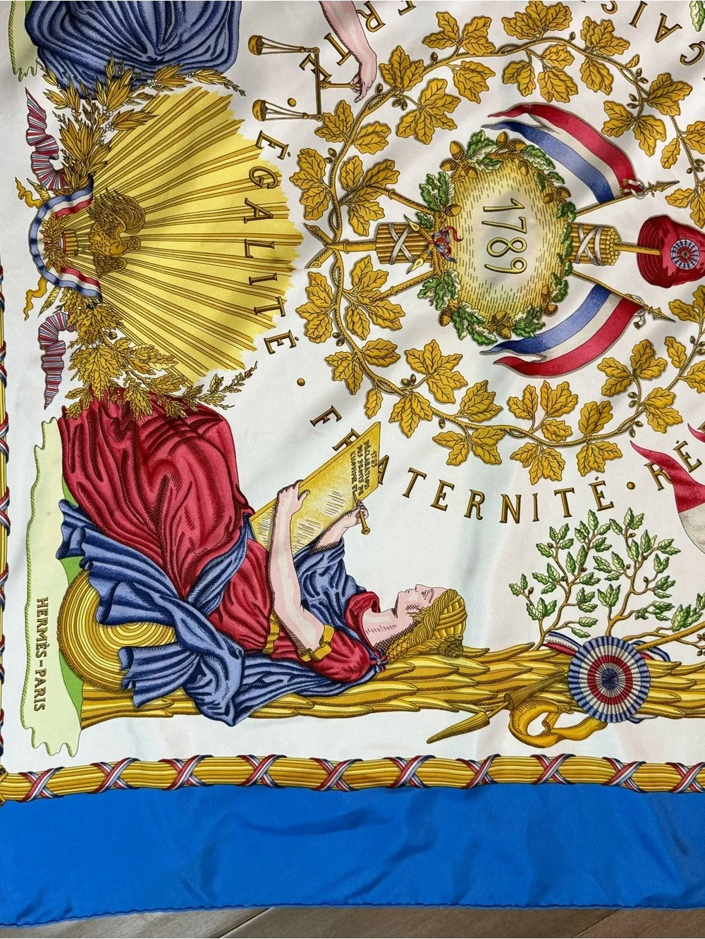 Hermès Vintage 1789 République Française Silk Carré 90 Scarf Blue/Multi